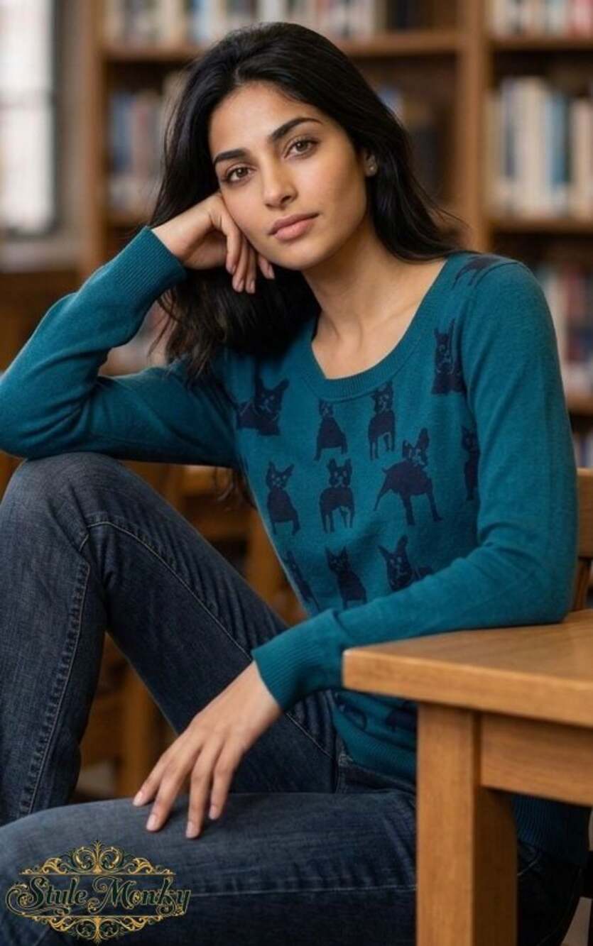 Comptoir des Cotonniers Teal French Bulldog Dog Print Scoop Neck Knit Sweater Sm